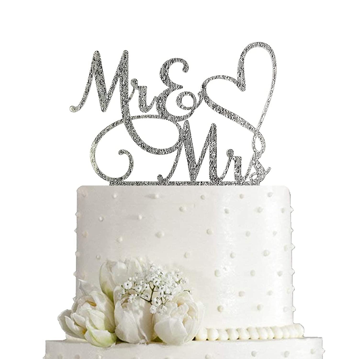 Aminery Mr and Mrs Cake Topper, Bride and Groom Sign Wedding / Engagement Cake Toppers Decoration, Silver Glitter Acrylic