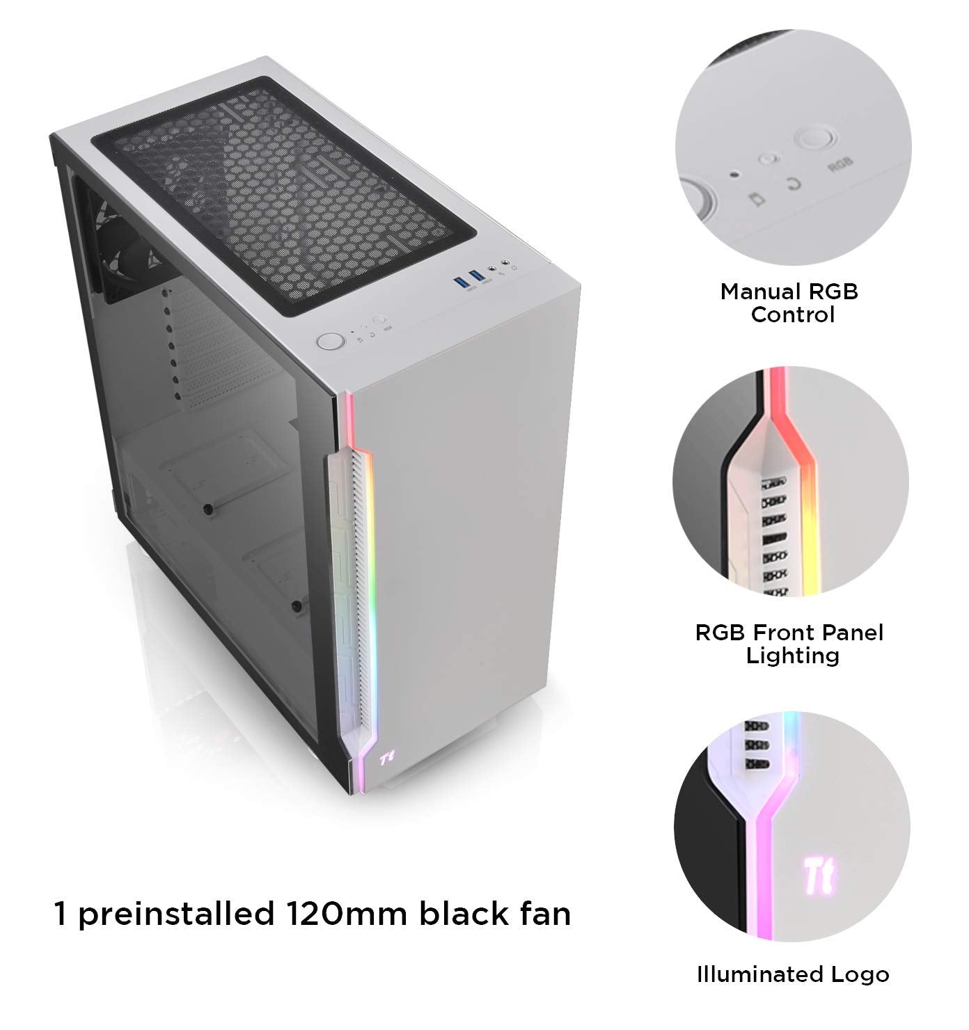 Thermaltake H200 Tempered Glass Snow Edition RGB Light Strip ATX Mid Tower Case with One 120mm Rear Fan Pre-Installed CA-1M3-00M6WN-00