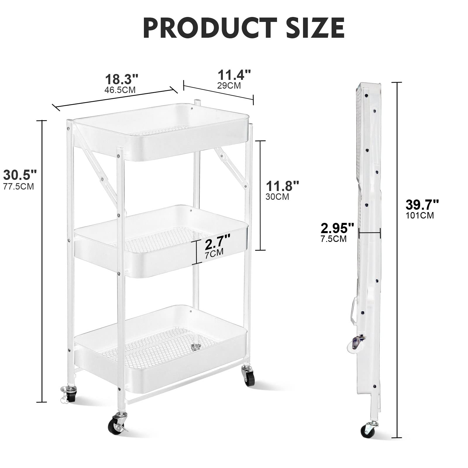 SKY-TOUCH 3 Tier trolley organizer,Foldable Metal Rolling Utility Cart Organizer, Multipurpose Organizer Trolley with Casters for Kitchen, Bedroom, Bathroom, Office, Laundry Room and Garage White