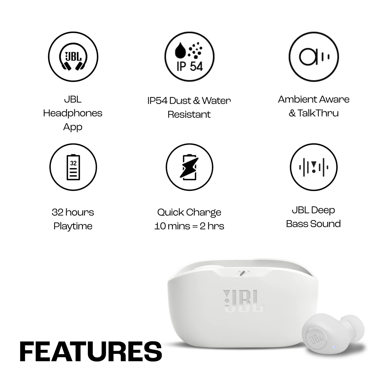 JBL Wave Buds True Wireless Earbuds, Deep Bass, Comfortable Fit, 32H Battery, Smart Ambient Technology, Hands-Free Call, Water and Dust Resistant - White, JBLWBUDSWHT