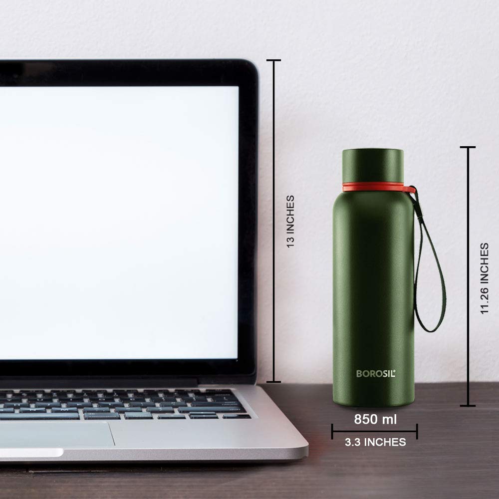 BOROSIL VACUUM INSULATED COPPER COATED INNER TREK Water Bottle|Sports Bottle|Yoga Bottle|Outdoor|PortableLeak Proof|ReusableWater Bottle GREEN, 850ML