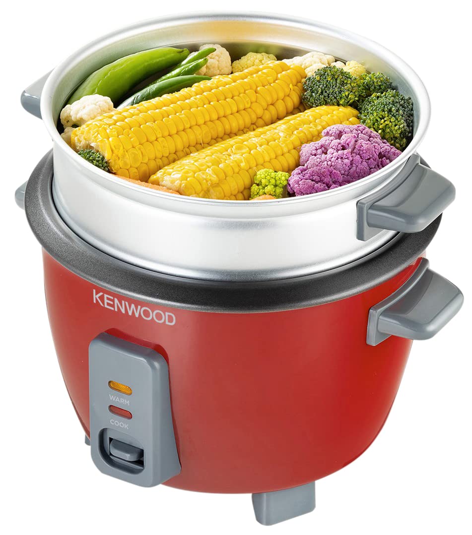 KENWOOD 2-in-1 Rice Cooker 0.6L 3-Cups Rice with Food Steamer Basket, Non-Stick Cooking Pot, Temepered Glass Lid, Warm/Cook Lights, Spatula Holder, Detachable Cord RCM30.000RD Red