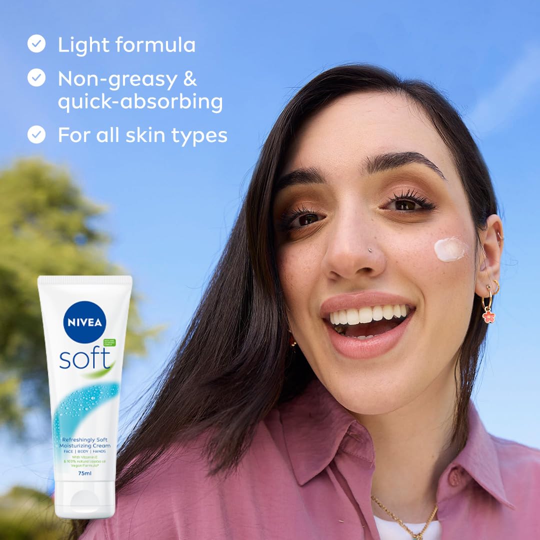 NIVEA Soft Moisturising Cream, A Moisturising Cream for Face, Body and Hands with Vitamin E and Jojoba Oil, Hand Cream Moisturises Deeply, All-Purpose Day Cream Tube, 75ml
