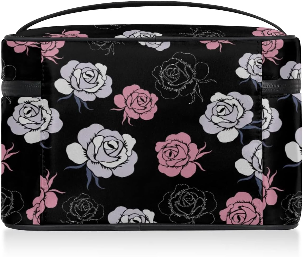 lakefvgk Travel Makeup Bag, Rose Cosmetic Bag for Women Girls, Portable Large Toiletry Bag Case Organizer for Toiletries Accessories Brushes
