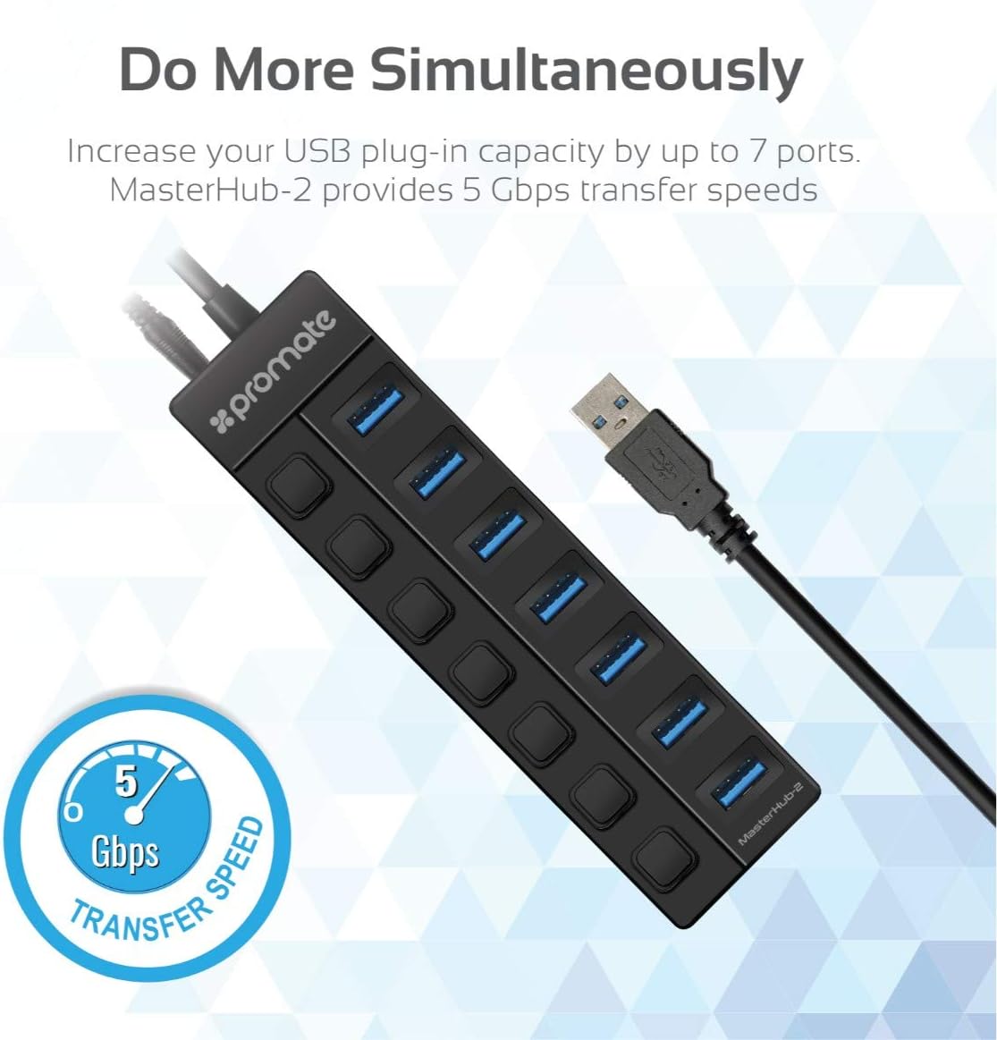 Promate USB Hub 3.0, Premium 7 Port USB 3.0 Data Hub with 5V/2A Power Adapter, 1m USB Cable, 5 Gbps Transfer Speed, Individual On/Off Switches and LEDs Included for PC, MacBook, MasterHub-2