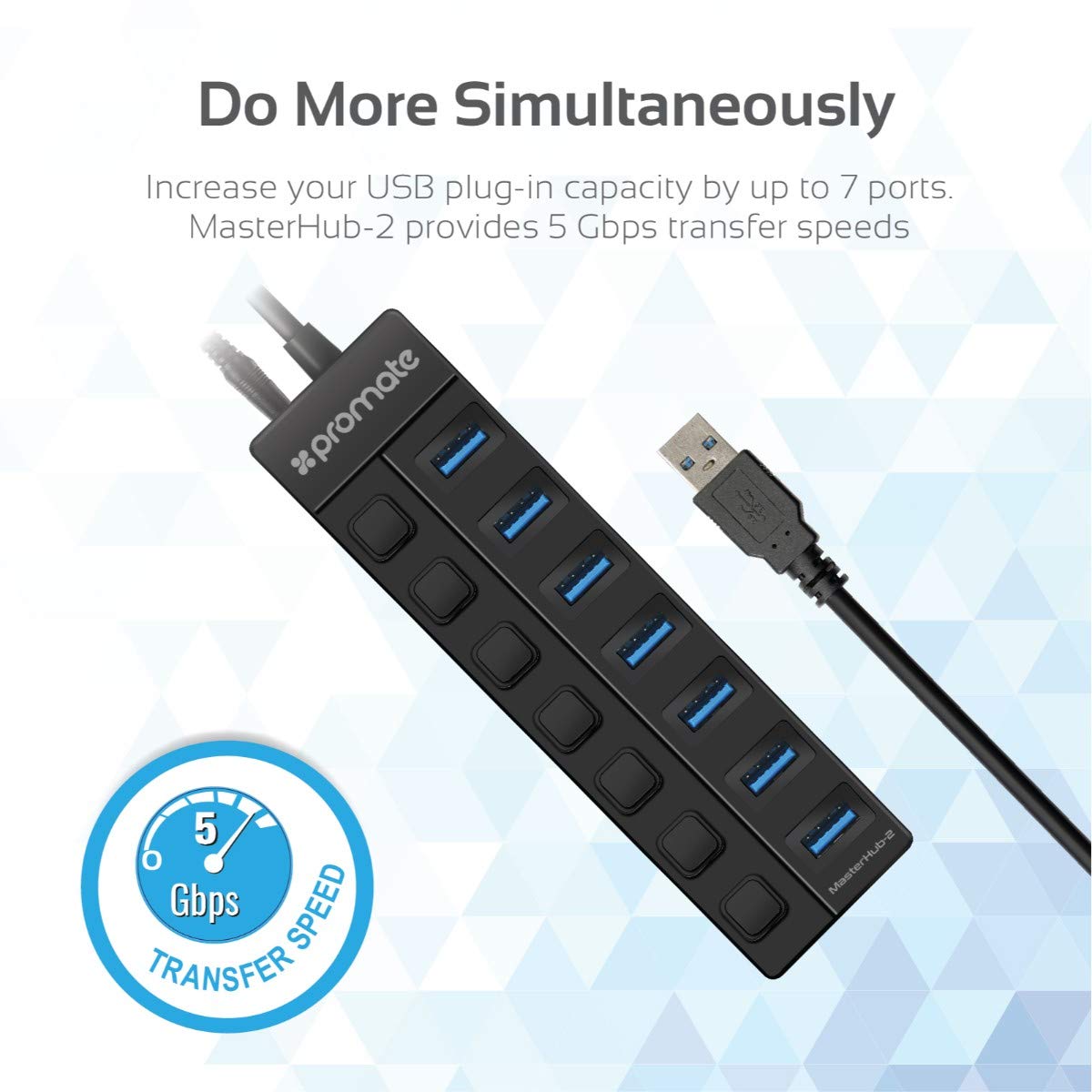 Promate USB Hub 3.0, Premium 7 Port USB 3.0 Data Hub with 5V/2A Power Adapter, 1m USB Cable, 5 Gbps Transfer Speed, Individual On/Off Switches and LEDs Included for PC, MacBook, MasterHub-2