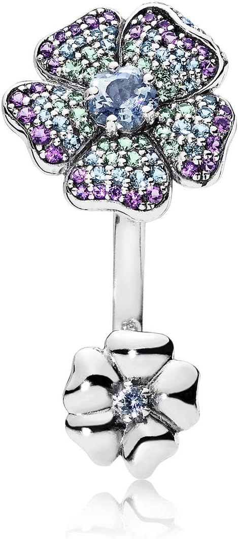 PANDORA Floral Silver Ring With Royal Purple Crystal Aqua Blue Crystal and Vivid Green Crystal