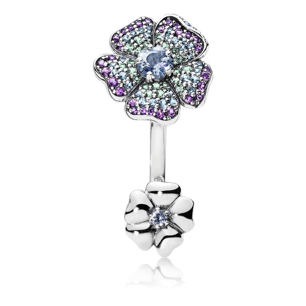 PANDORA Floral Silver Ring With Royal Purple Crystal Aqua Blue Crystal and Vivid Green Crystal