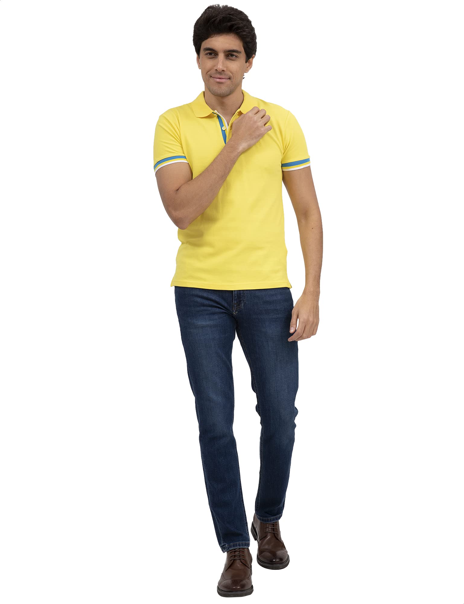 Dalydress Dare Cotton Striped Trims Short Sleeves Polo Shirt for Men, Yellow, M