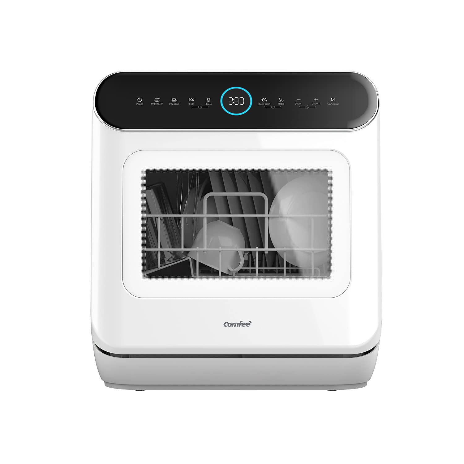 COMFEE' Mini Dishwasher Countertop Dishwasher 3 Place Settings 6 Programs, Freestanding, Touch Control, LED Display, Delay Start and Off-peak Wash Function - White