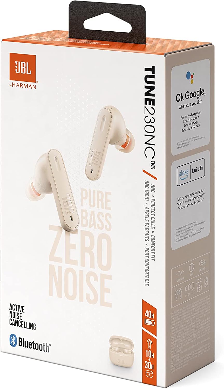 JBL Tune 230NCTWS True Wireless Noise Cancelling Earbuds, Pure Bass Sound, ANC + Smart Ambient, 4 Microphones, 40H of Battery, Water Resistant, Sweatproof, Comfortable Fit - Sand, JBLT230NCTWSSAN