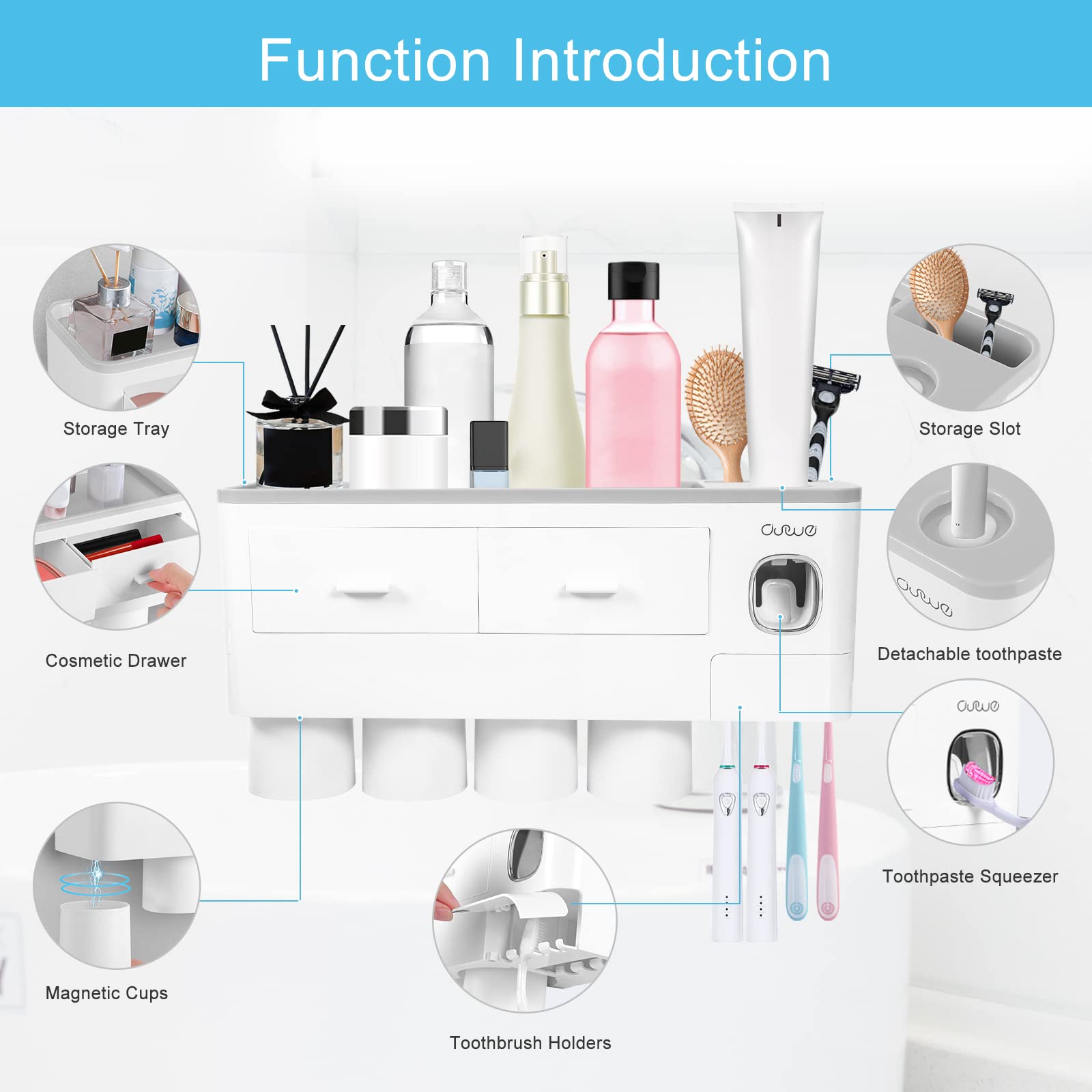 SKY-TOUCH Toothbrush Holders,Toothbrush Rack,Wall Mounted Multifunctional Space-Saving Toothbrush and Toothpaste Holder with Automatic Toothpaste Dispenser,for Washroom and Bathroom,4 Cups