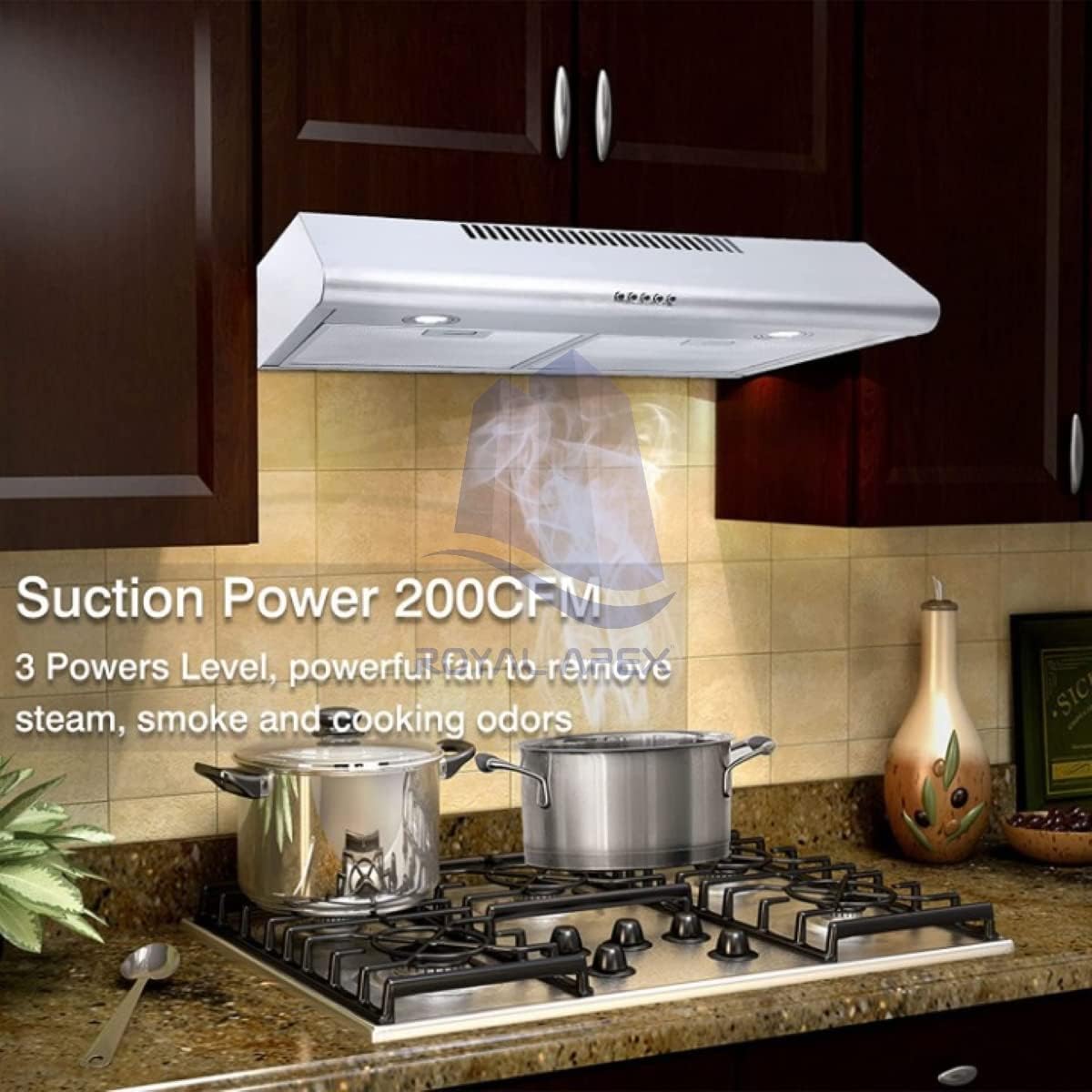 Royal Apex Wall-mounted SS White/Silver Cooker & Extractor Hood Box Design with High Extraction Rate, LED Lights for Optimal Visibility and Ambience for Cooking (60X47X13 CM - SILVER)