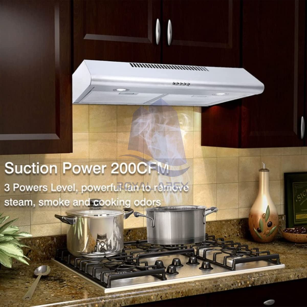 Royal Apex Wall-mounted SS White/Silver Cooker & Extractor Hood Box Design with High Extraction Rate, LED Lights for Optimal Visibility and Ambience for Cooking (60X47X13 CM - SILVER)