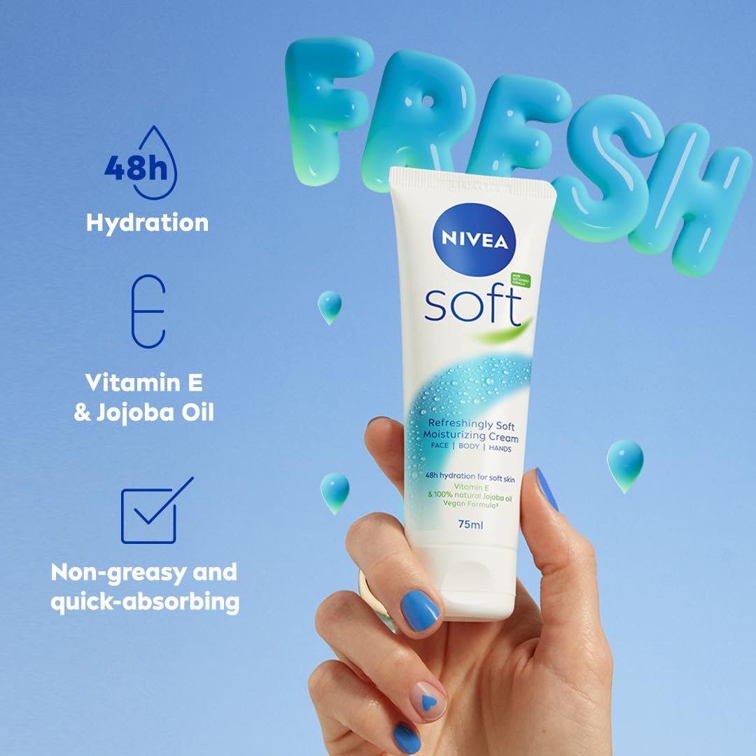 NIVEA Soft Moisturising Cream, A Moisturising Cream for Face, Body and Hands with Vitamin E and Jojoba Oil, Hand Cream Moisturises Deeply, All-Purpose Day Cream Tube, 75ml
