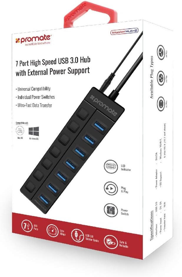 Promate USB Hub 3.0, Premium 7 Port USB 3.0 Data Hub with 5V/2A Power Adapter, 1m USB Cable, 5 Gbps Transfer Speed, Individual On/Off Switches and LEDs Included for PC, MacBook, MasterHub-2