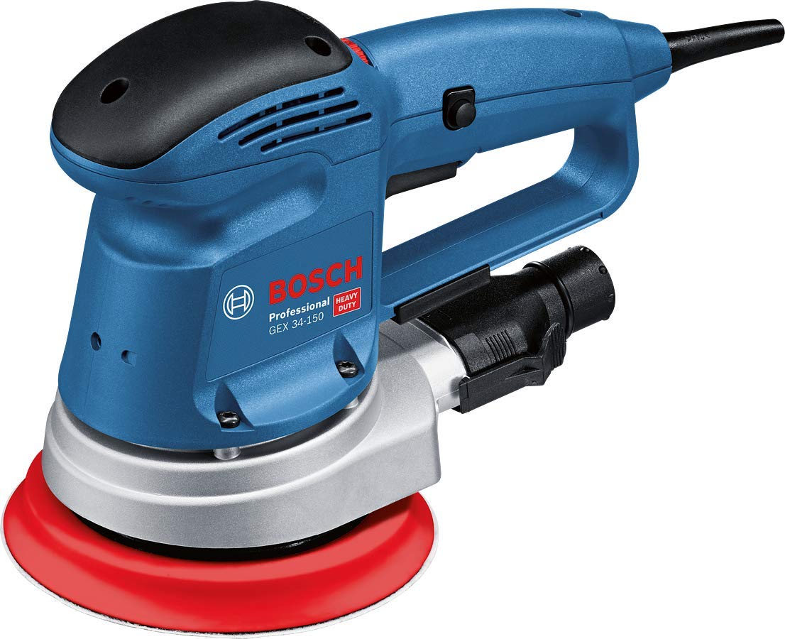 Bosch Professional 601372870 random orbit sander GEX 34-150 (240 V, incl. sanding disc dia. 150 mm, C470 sheet for wood, extraction adapter, in cardboard box)