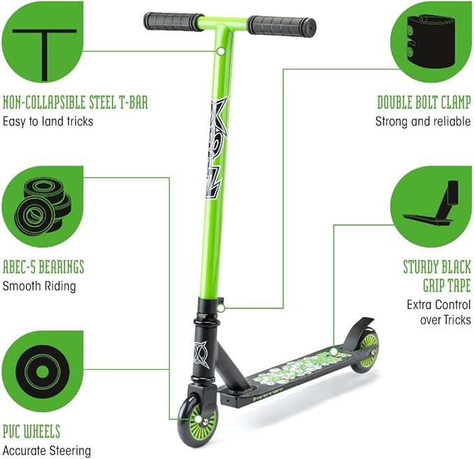 Xootz Brainache Kids Scooter, Boys and Girls Kick Scooter, Entry Level, Children’s Beginners T-Bar Stunt Scooter, Stylish Grip Tape Deck, Ages 5+, Green