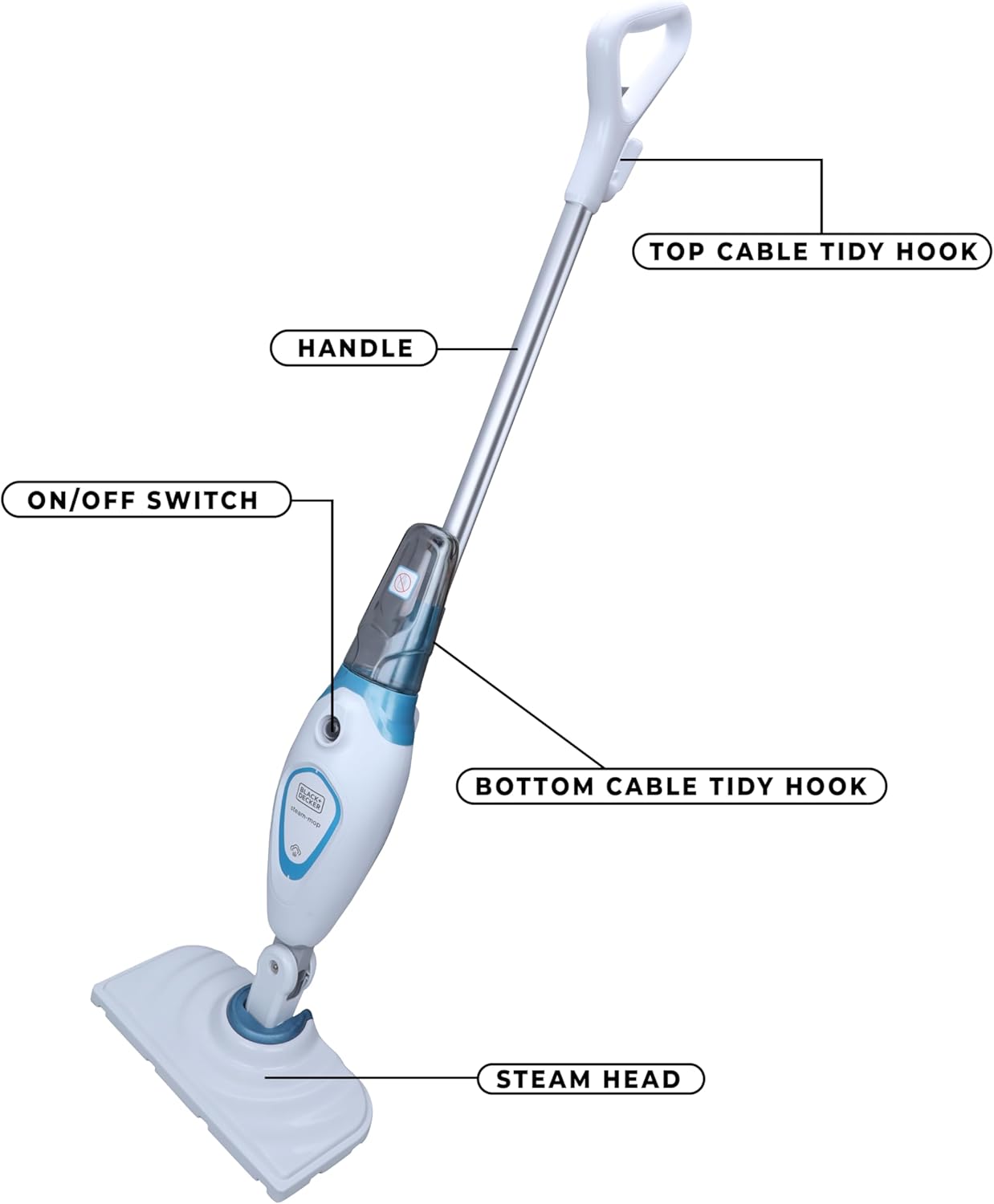 Black+Decker 1300W Steam Mop With Superheated Steam, Swivel Head And Microfibre Pad , White/Blue - Fsm1605-B5
