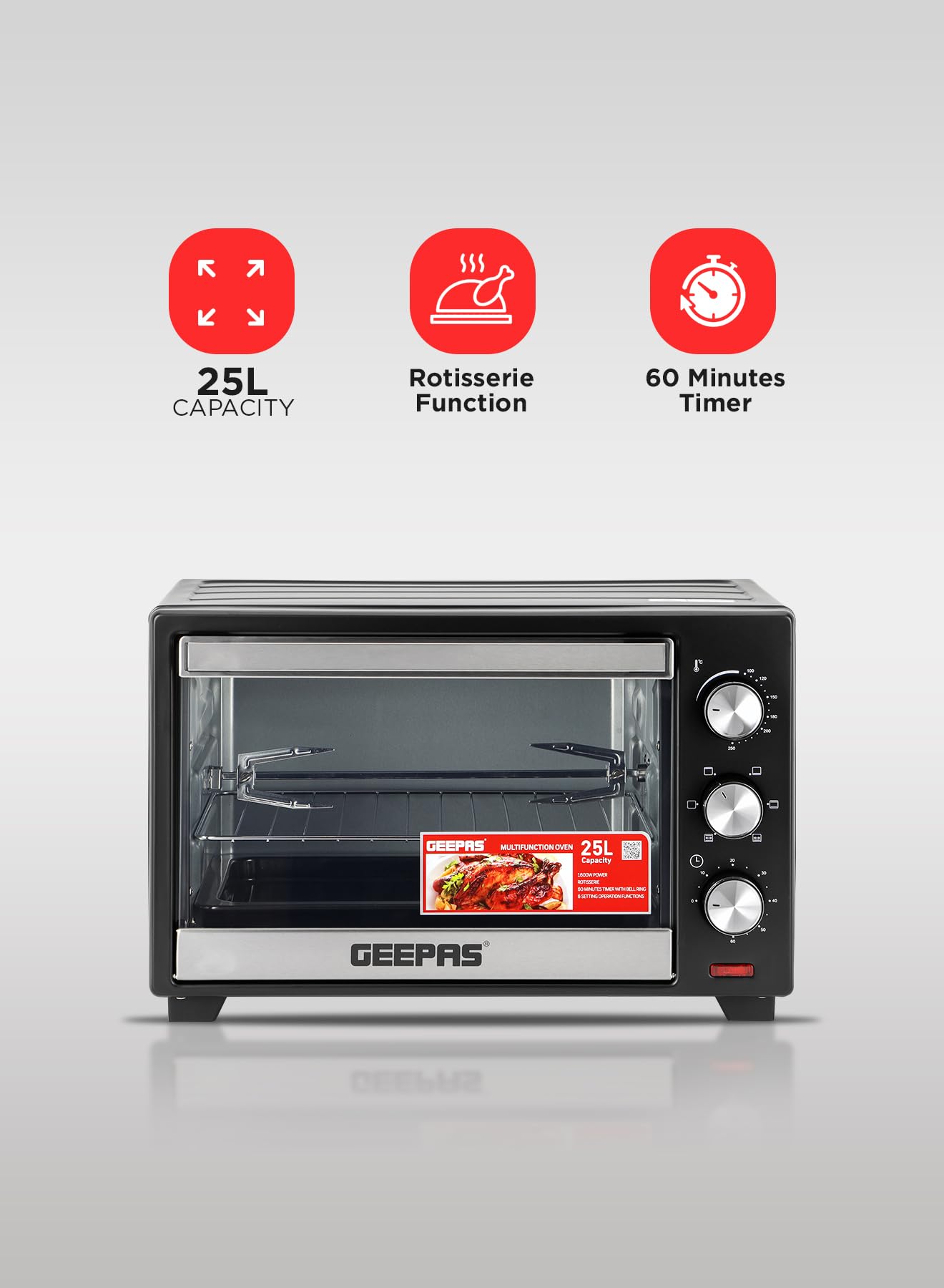 Geepas Electric Oven With Rotisserie 25L,1600W GO34040| Perfect for Baking, Roasting & Grilling - Accessories Included