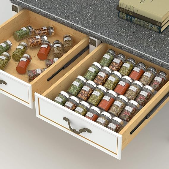 BPA® Adjustable Expandable Acrylic Spice Rack Tray, 4 Tier Spice Drawer Organizer for Kitchen Cabinets, Clear 2 Pack, 39.7x14.2x12.5 cm