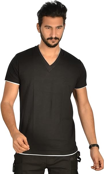 Hero Basic V-Neck Short-Sleeve Solid T-shirt for Men,Single lycra,95% Cotton-Black,S.