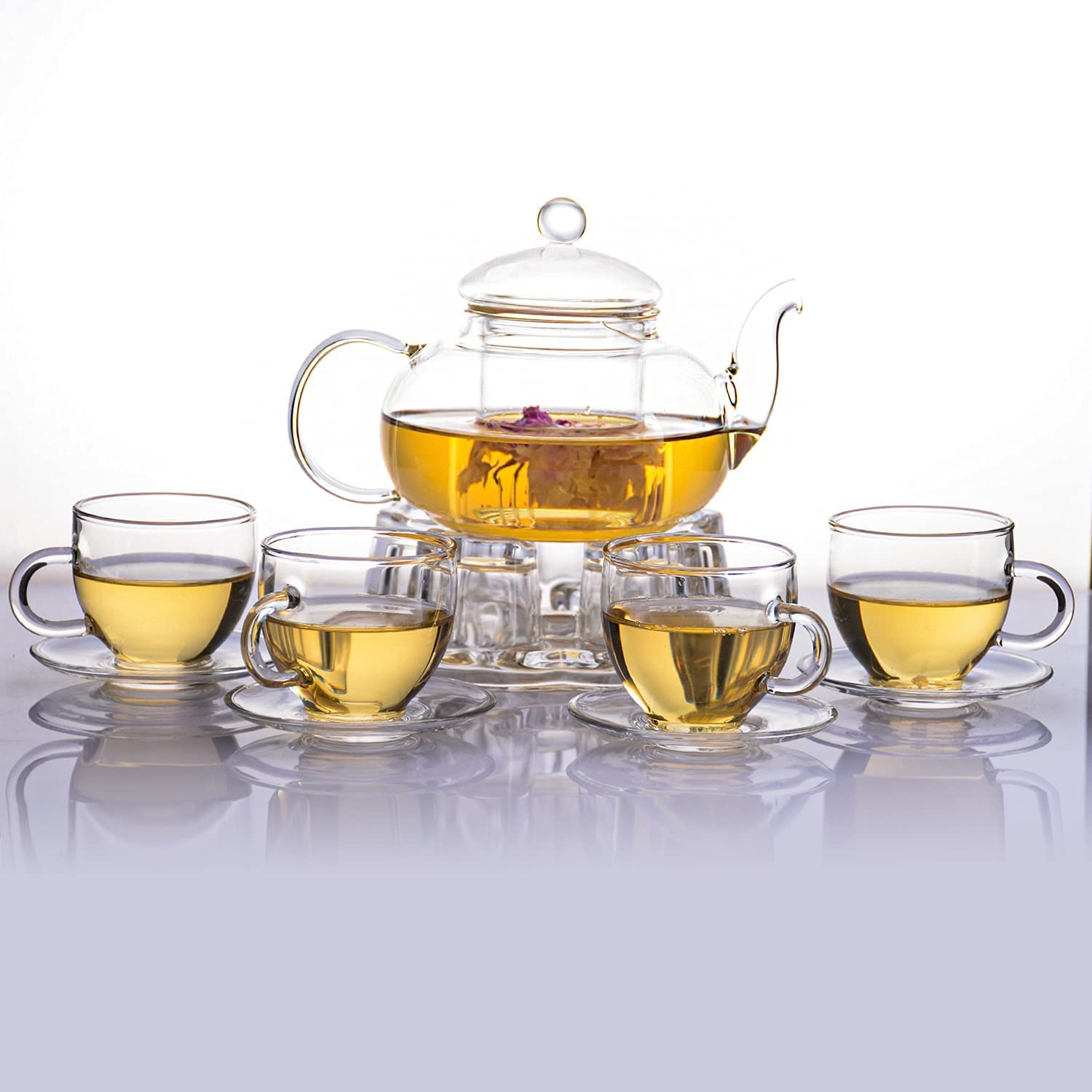 1CHASE Glass Tea Set- Borosilicate Glass Teapot With Heart Shape Tea Warmer and 100 ml 4 Tea Cups with Saucer for Blooming Tea, Flower Tea, Loose Leaf Tea