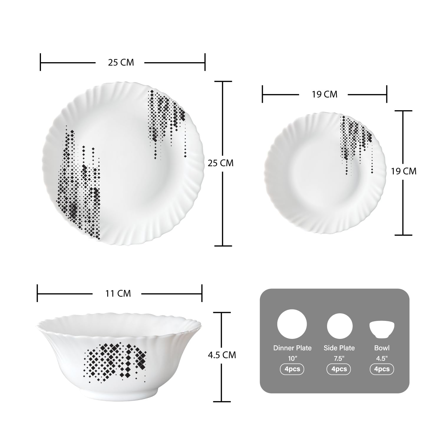 BOROSIL LARAH PLANO OPAL DINNER SET, SLATE, 12DSPL01-SL, 12 PC SET (4 x Dinner Plate; 4 x Side Plate; 4 x Bowl)