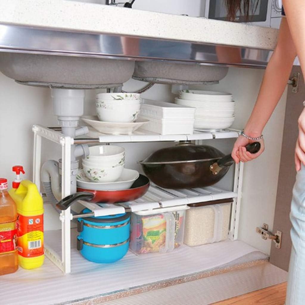 YumLock Kitchen Sink Dish Rack, Adjustable 2 Tier Under Shelf Storage Organize Rack Holder, White