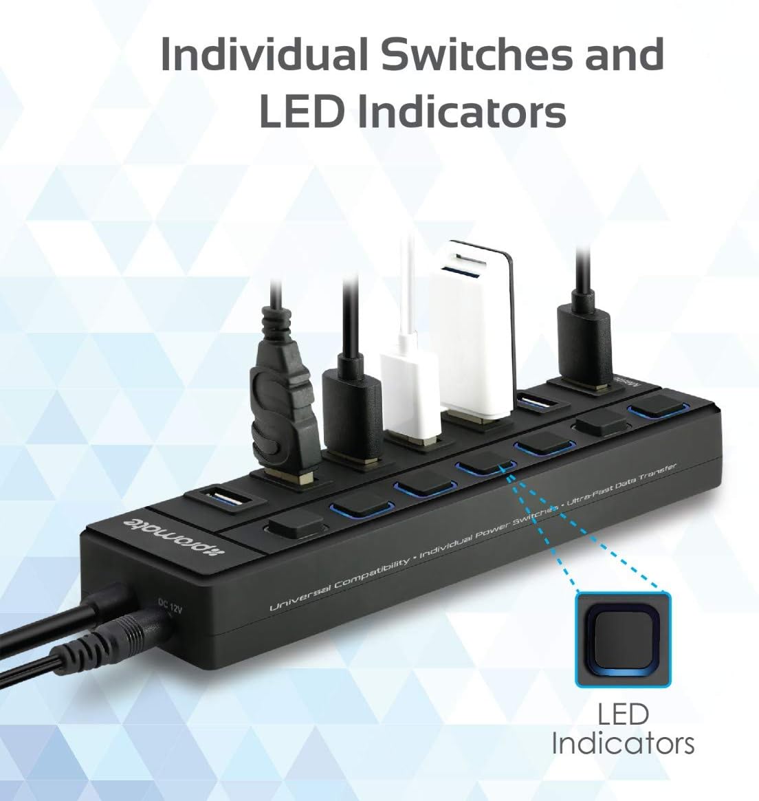 Promate USB Hub 3.0, Premium 7 Port USB 3.0 Data Hub with 5V/2A Power Adapter, 1m USB Cable, 5 Gbps Transfer Speed, Individual On/Off Switches and LEDs Included for PC, MacBook, MasterHub-2