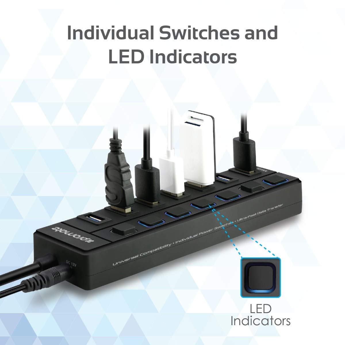 Promate USB Hub 3.0, Premium 7 Port USB 3.0 Data Hub with 5V/2A Power Adapter, 1m USB Cable, 5 Gbps Transfer Speed, Individual On/Off Switches and LEDs Included for PC, MacBook, MasterHub-2