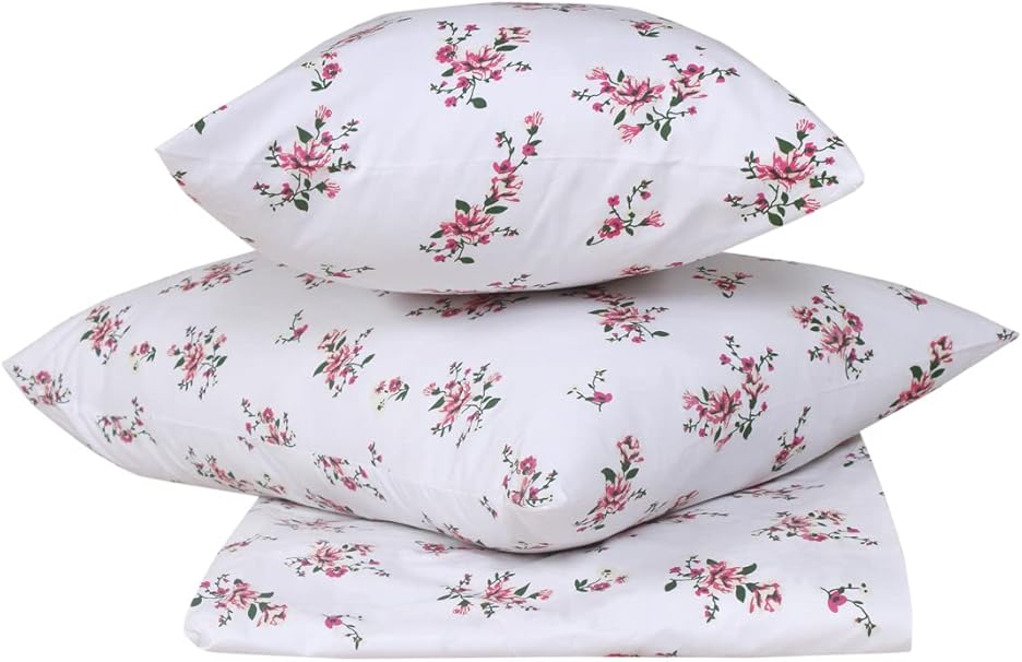 Home Town Floral Printed 250 Tc Queen White Fitted Sheet,50X80+15Cm