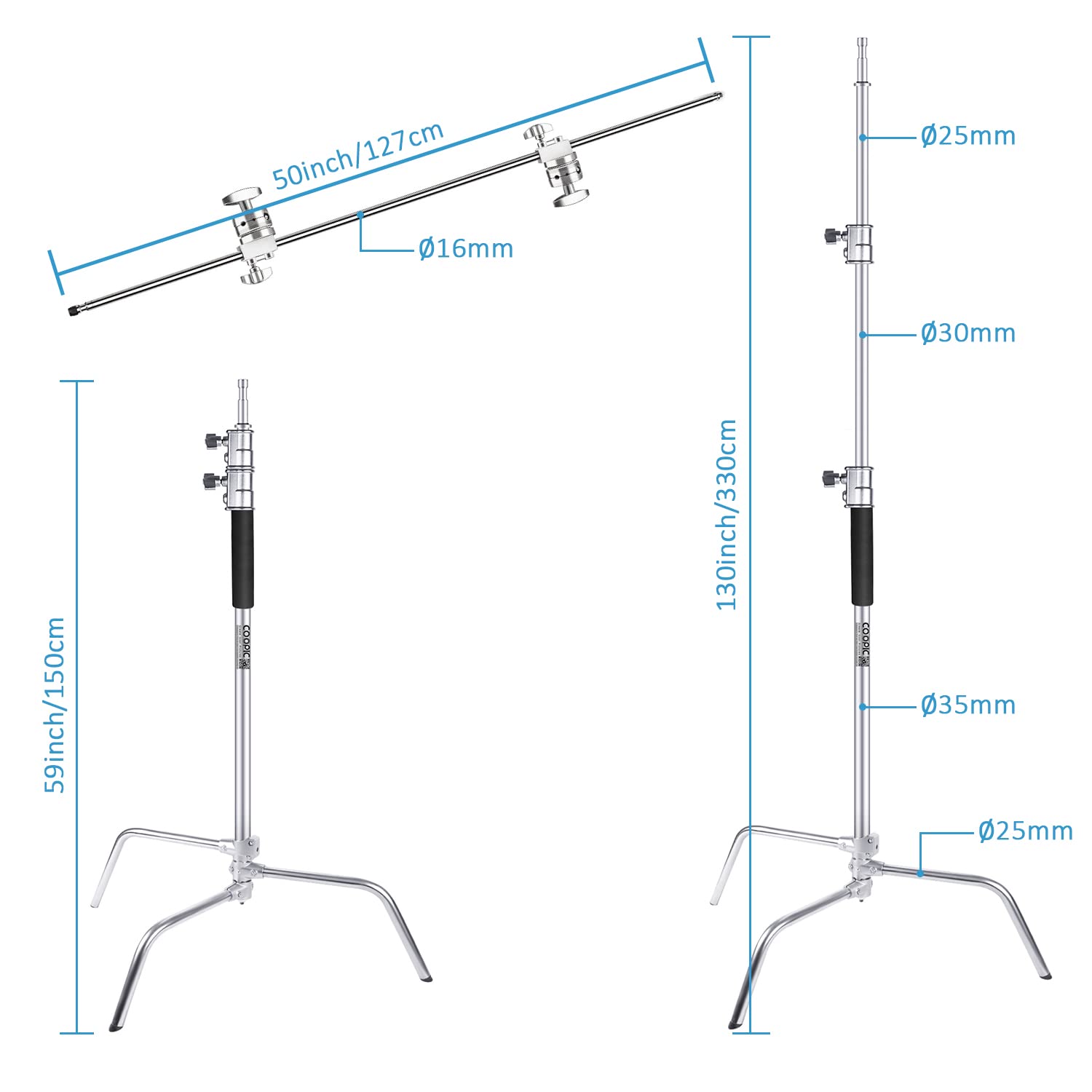 COOPIC C Stand Stainless Steel 336cm/10.8ft Max. Height Studio Photo Video 4 feet Holding Arm Grip with Turtle Base for Light Reflector (3pack Cstand with Trolley Bag)