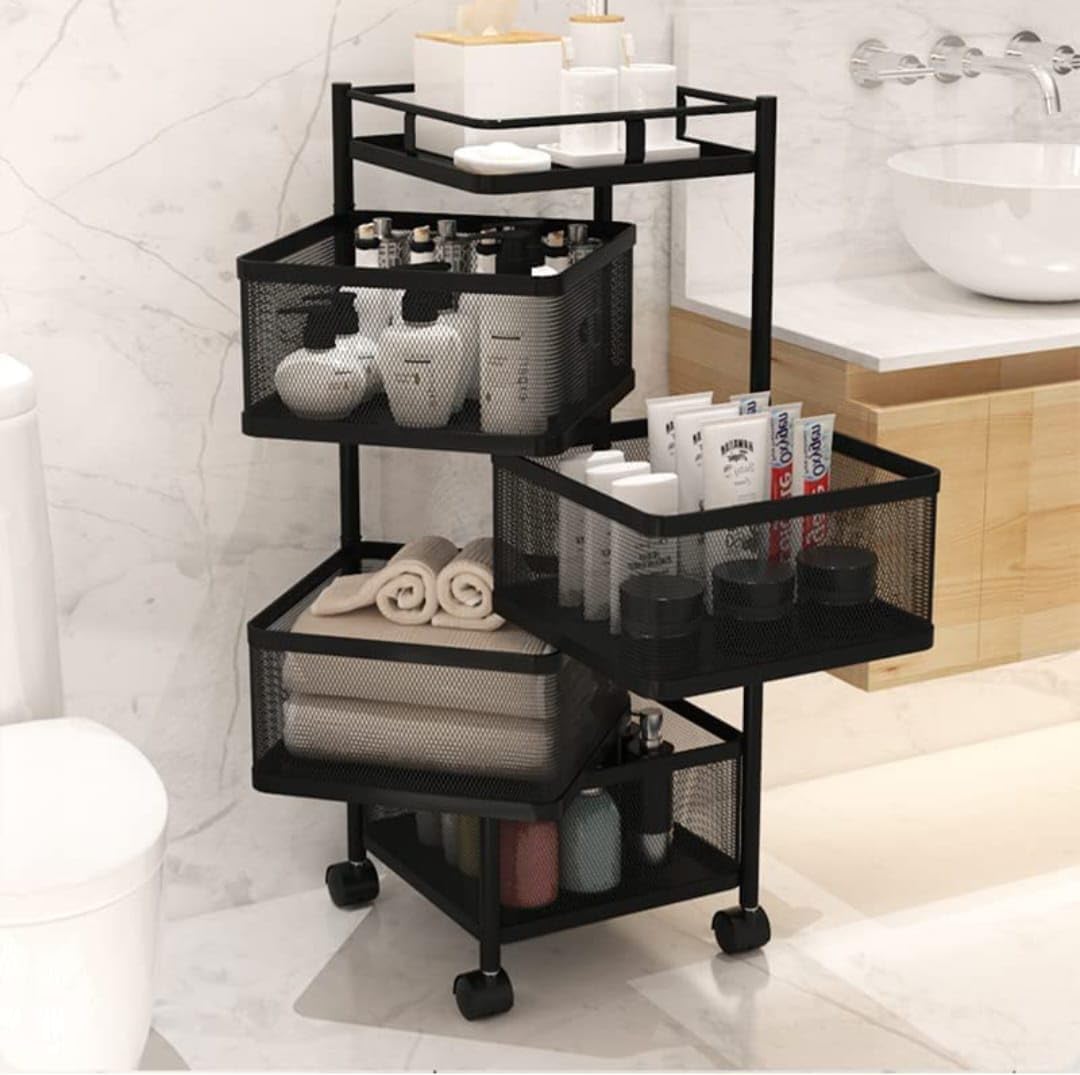 JSAAH Kitchen Rotating Fruit & Vegetable Basket Portable Storage Rack Rotationg Storage Kitchen Trolley of Fruits & Vegetable Kitchen Stand (Black)(Square, 4 Layer)