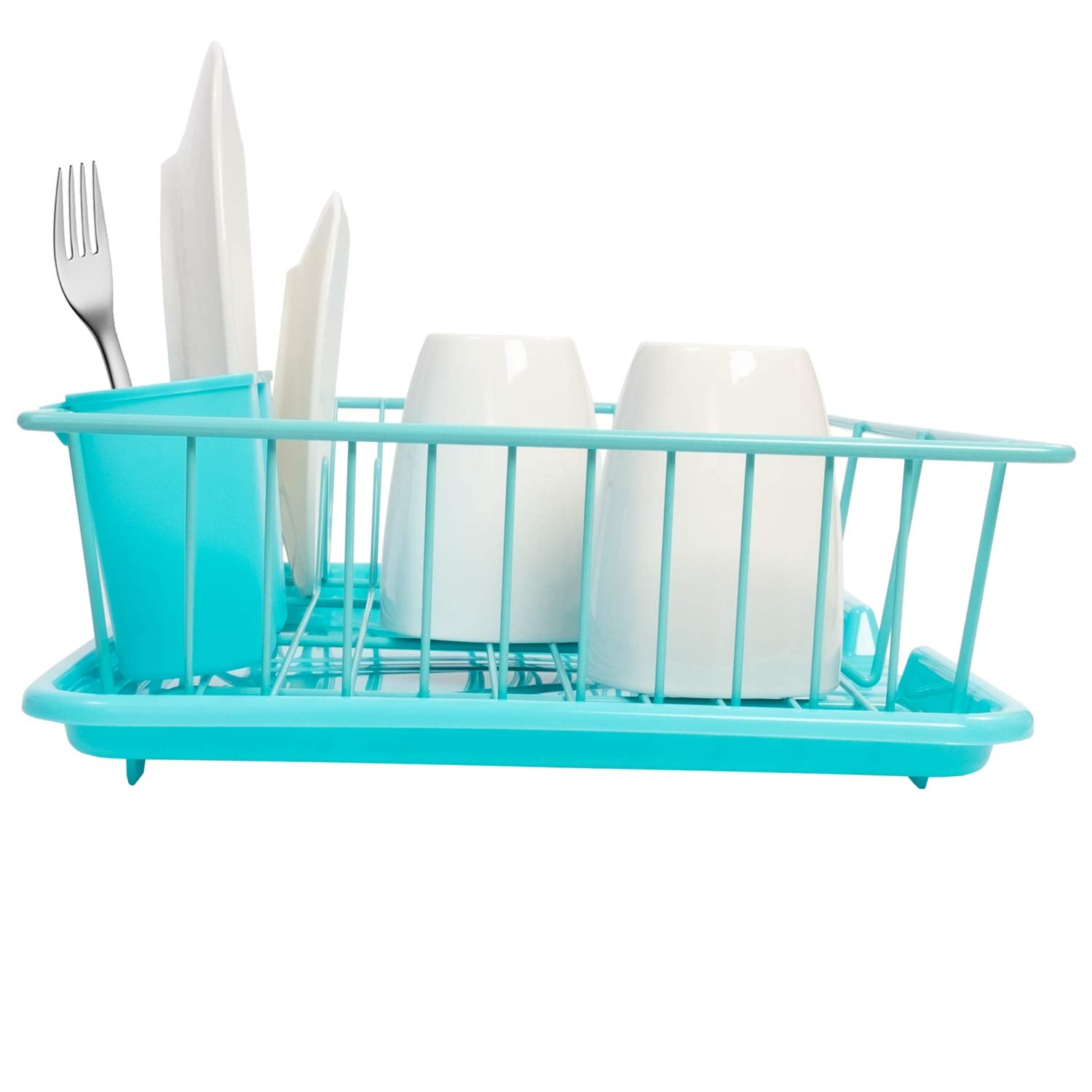 Sweet Home Collection Dish Rack Drainer 3 Piece Set with Drying Board and Utensil Holder, 17" x 12" x 5", Turquoise