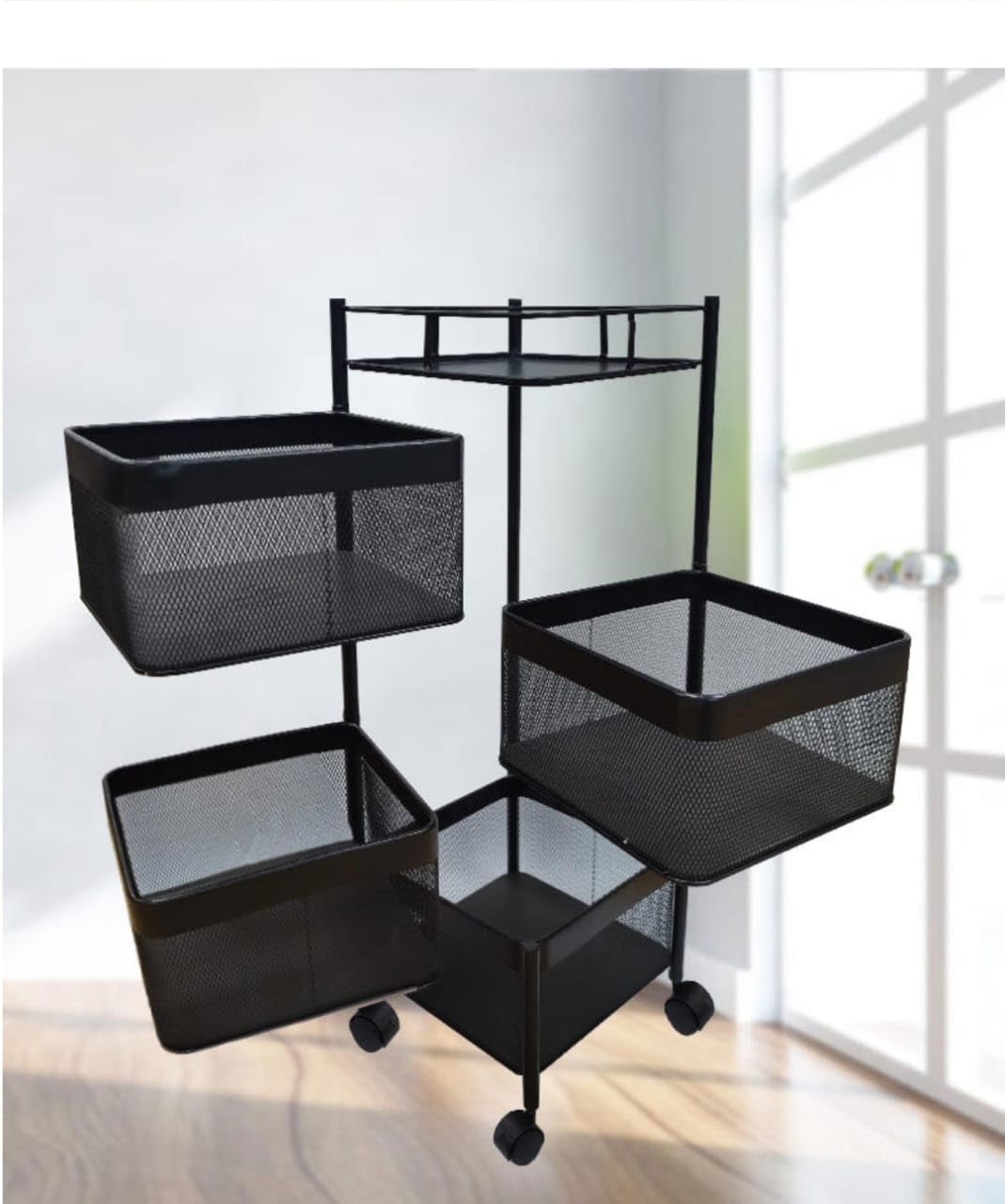 JSAAH Kitchen Rotating Fruit & Vegetable Basket Portable Storage Rack Rotationg Storage Kitchen Trolley of Fruits & Vegetable Kitchen Stand (Black)(Square, 4 Layer)