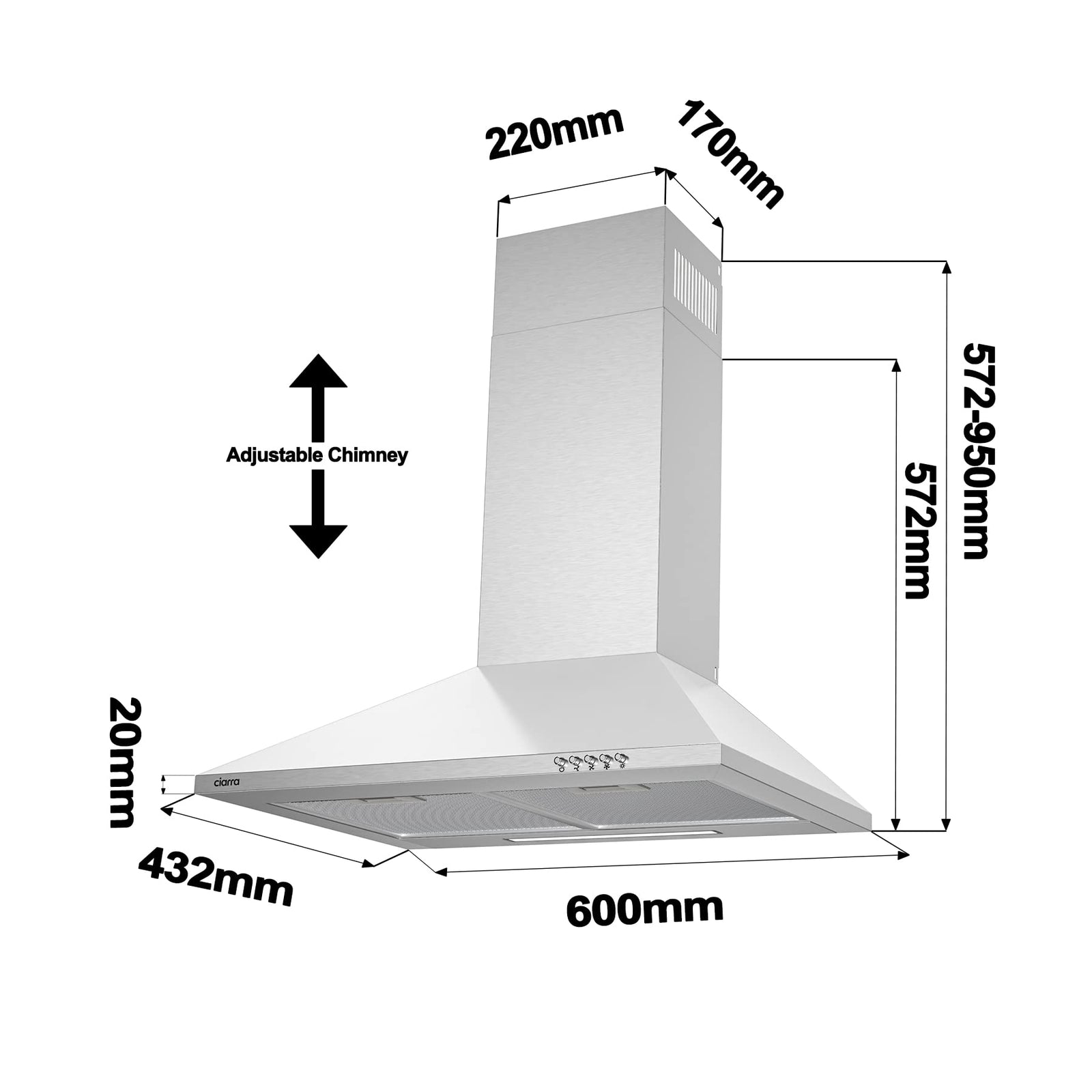 Genric Cooker Hoods 60Cm Stainless Steel Chimney Range Hood 600Mm Recirculating Duct Kitchen Ventilation Extractor Fan with Grease Aluminum Filters Silver