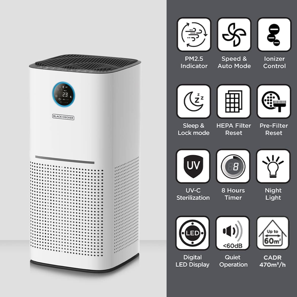 Black & Decker AP3560-B5 BLACK+DECKER Air Purifier AP3560 for Large Room upto 60m2 HEPA 13 air filter PM2.5 Real Time Air Quality Sensor CADR 470m3/h