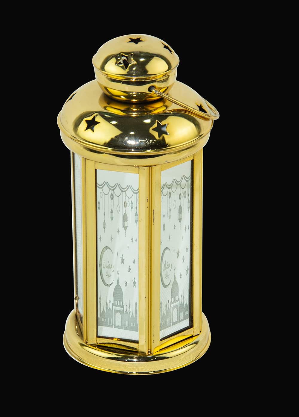 Rosy.Moment Arabic Lantern, Led Fanoos Light For Ramadan Home Décor Table & Hanging Lantern, Vintage Decorative Tabletop indoor & Outdoor Size 21x10cm, With Islamic Music Color Golden