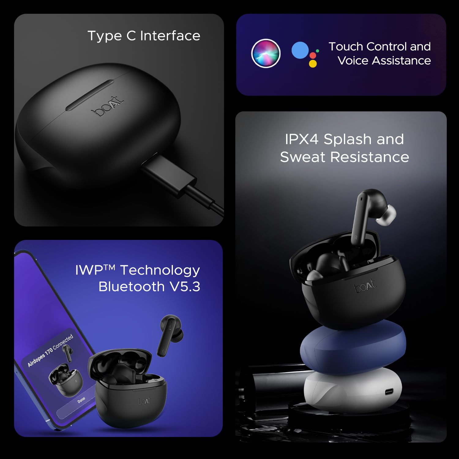 boAt Airdopes 170 TWS Earbuds with 50H Playtime, Quad Mics ENx™ Tech, Low Latency Mode, 13mm Drivers, ASAP™ Charge, IPX4, IWP™, Touch Controls & BT v5.3(Classic Black)