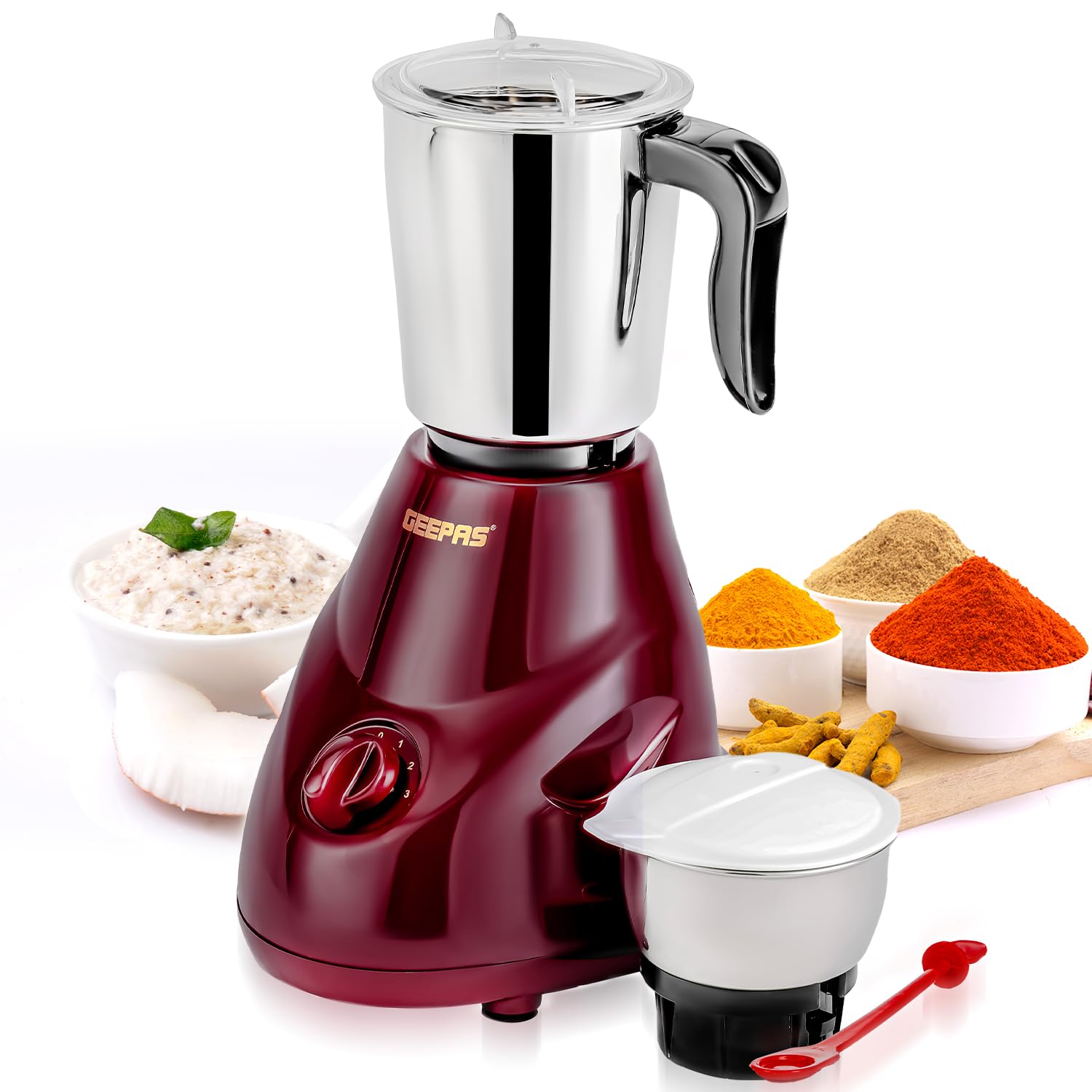 Geepas 2-IN-1 Mixer Grinder- GSB44091| 550W Powerful Motor, Stainless Steel Jars and Blade| Ergonomic Grip and Equipped with Overload Protector| Perfect for making Smoothies, Milkshakes, Etc