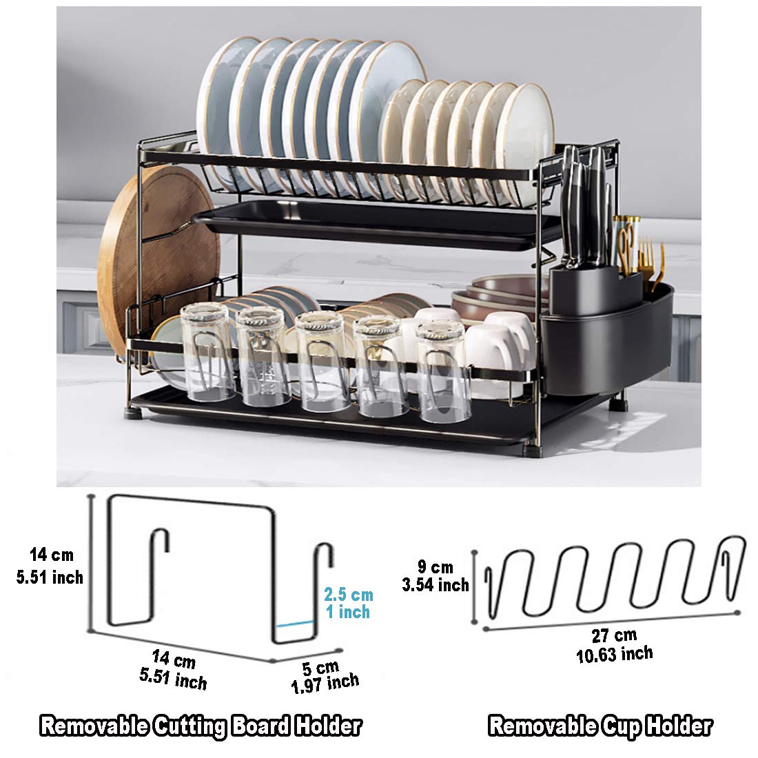 Belvery Dish Drying Stand With Drainer Belvery 2 Tiers Large Kitchen Dish Rack with Removable Cutting Board Holder Utensil Holder and Cup Holder Baking Paint Process Coatings Dish Drainer