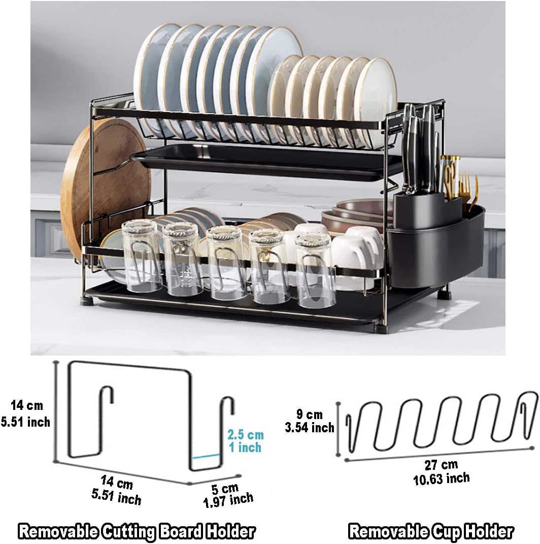 Belvery Dish Drying Stand With Drainer Belvery 2 Tiers Large Kitchen Dish Rack with Removable Cutting Board Holder Utensil Holder and Cup Holder Baking Paint Process Coatings Dish Drainer
