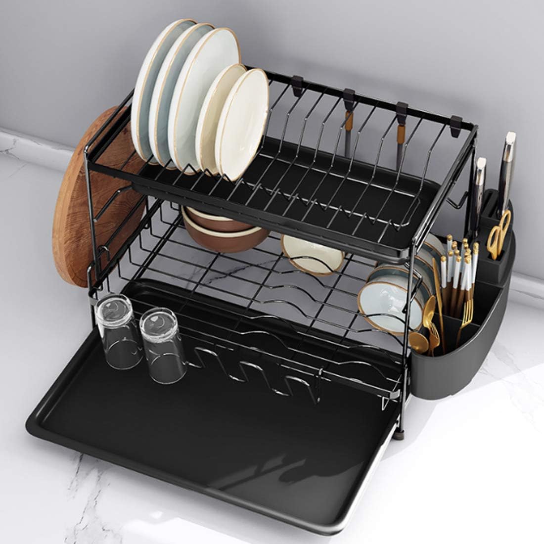 Belvery Dish Drying Stand With Drainer Belvery 2 Tiers Large Kitchen Dish Rack with Removable Cutting Board Holder Utensil Holder and Cup Holder Baking Paint Process Coatings Dish Drainer