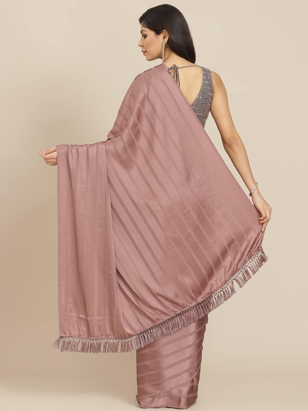 Womanista Women's Satin Striped Saree With Un-stitched blouse