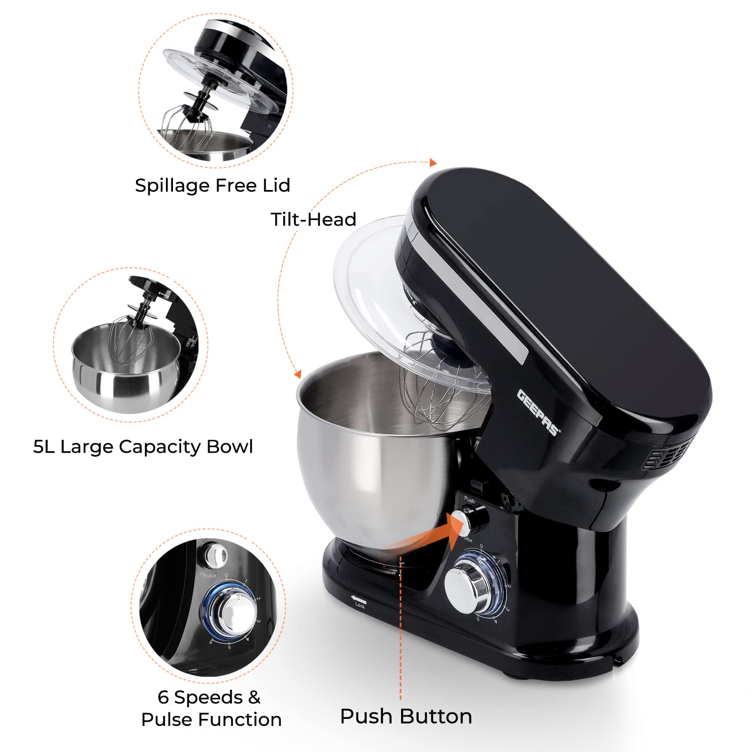 Geepas 5L Food Stand Mixer | 1000W Stainless Steel Mixing Bowl & Splash Guard | 6 Speed With Pulse & Balloon Whisk Flat Beater & Dough Hook | 2 Years Warranty, Black, Gsm43038UK