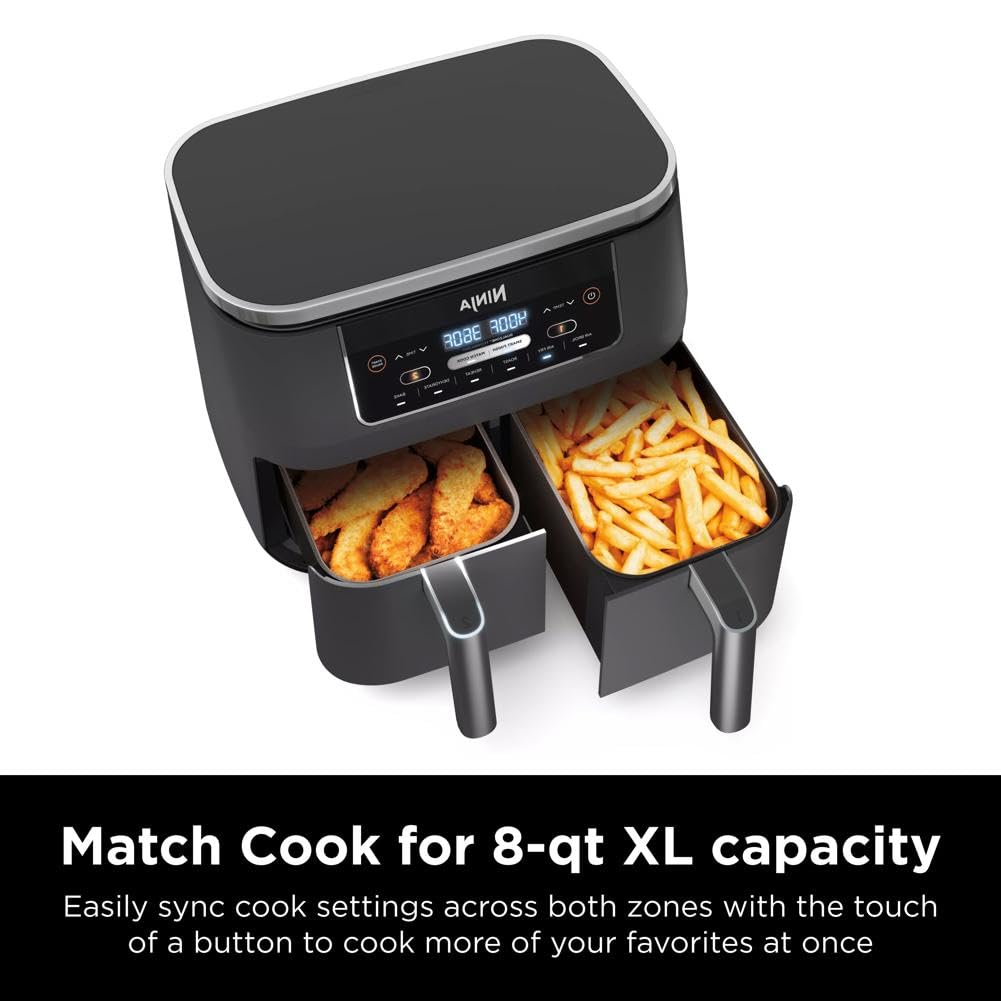 Ninja DZ201 Foodi 8 Quart 6-in-1 DualZone 2-Basket Air Fryer with 2 Independent Frying Baskets, Match Cook & Smart Finish to Roast, Broil, Dehydrate & More for Quick, Easy Meals, Grey