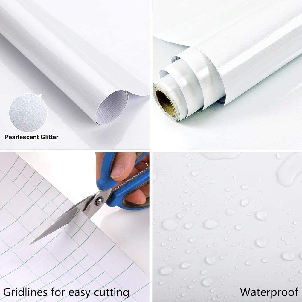 HappyHome Glossy Contact Paper Wallpaper, 500 x 40cm Self-Adhesive Wall Paper PVC Waterproof Oil-proof Decorative Removable Stickers for Kitchen Bathroom Countertop Cabinet Furniture-Pearl White