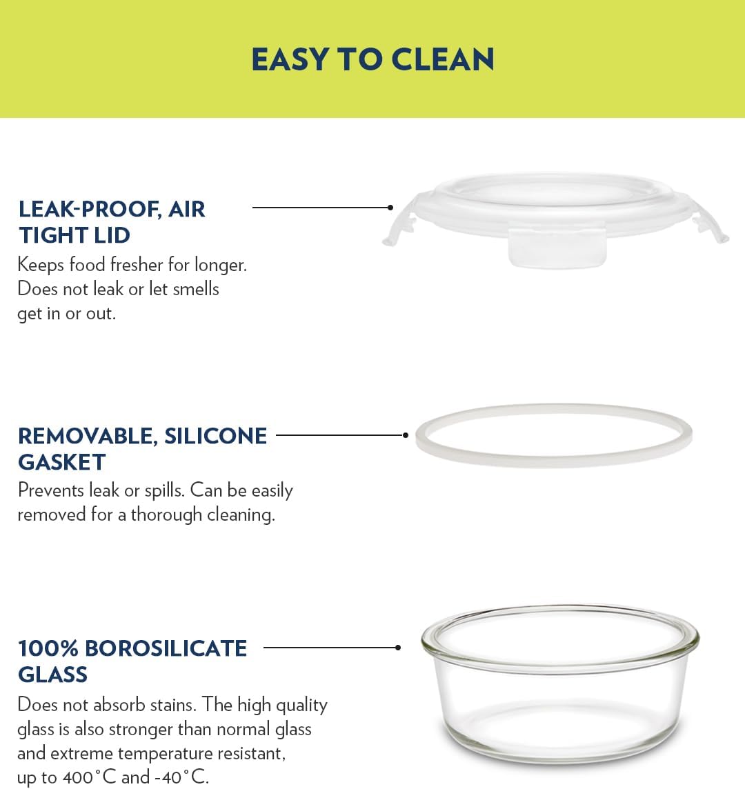 BOROSIL KLIP-N-STORE ROUND GLASS STORAGE CONTAINER WITH AIR TIGHT LID FOOD STORAGE CONTAINER MICROWAVE SAFE CONTAINER 950 ML