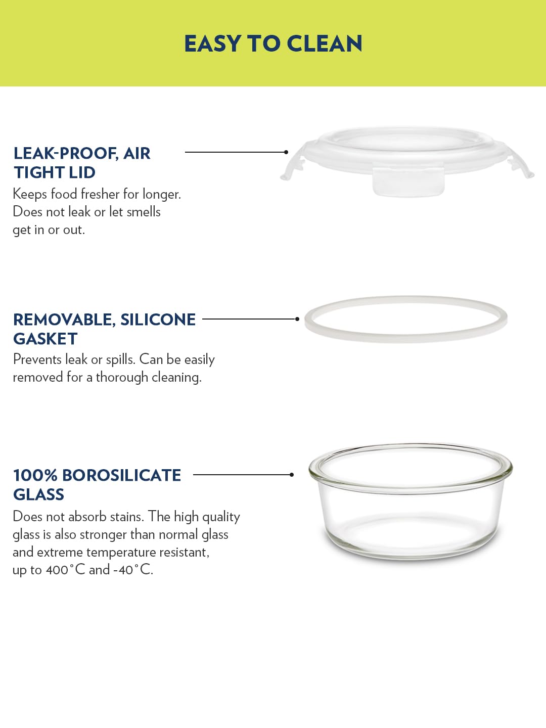 BOROSIL KLIP-N-STORE ROUND GLASS STORAGE CONTAINER WITH AIR TIGHT LID FOOD STORAGE CONTAINER MICROWAVE SAFE CONTAINER 950 ML